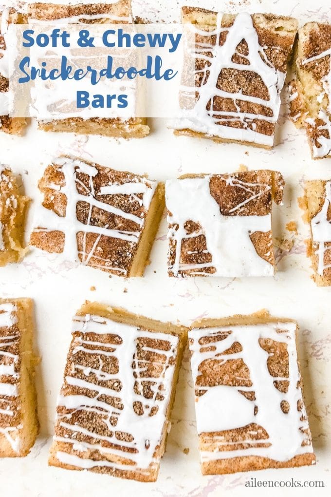 Overhead shot of snickerdoodle bars with the words "soft and chewy snickerdoodle bars"