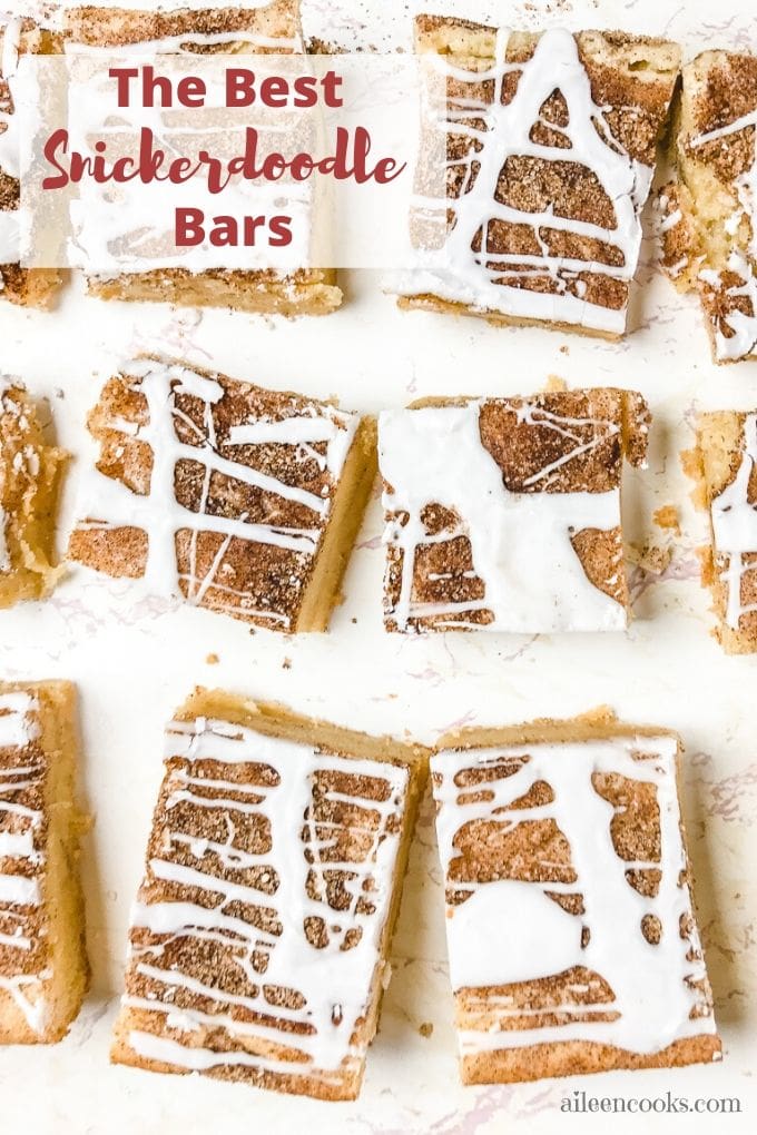 Overhead shot of cookie bars with words "the best snickerdoodle bars"