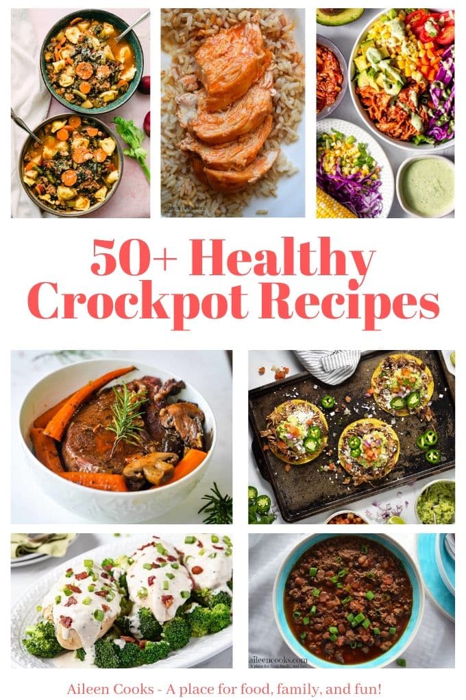 Collage photo with healthy dinners and words "50 healthy crockpot recipes" in red.