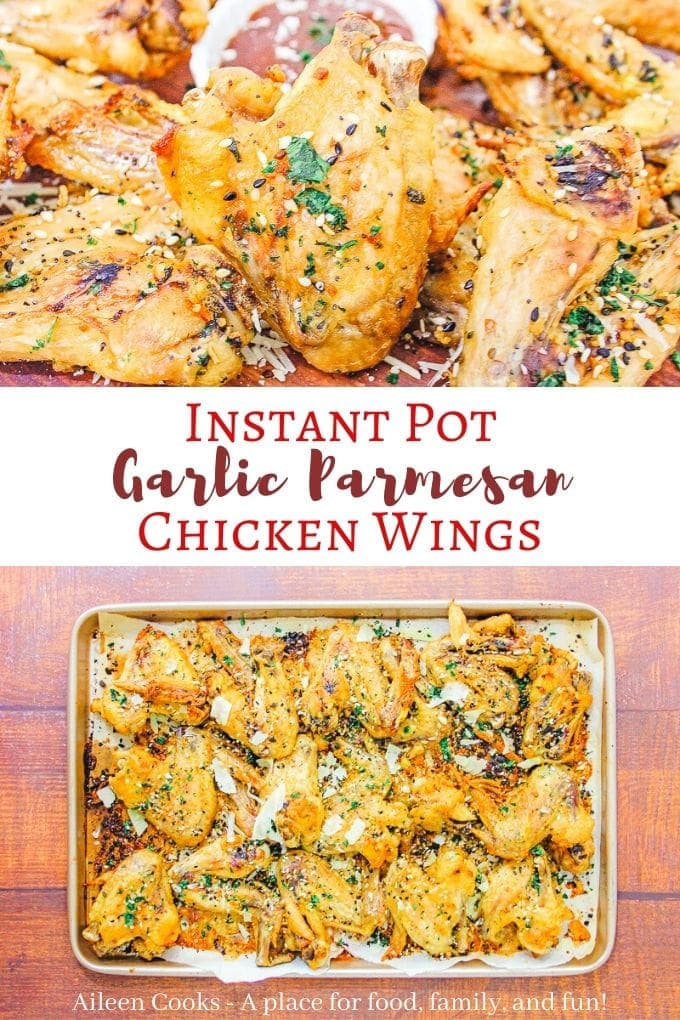 Collage photo of chicken wings with words "Instant pot garlic parmesan chicken wings"