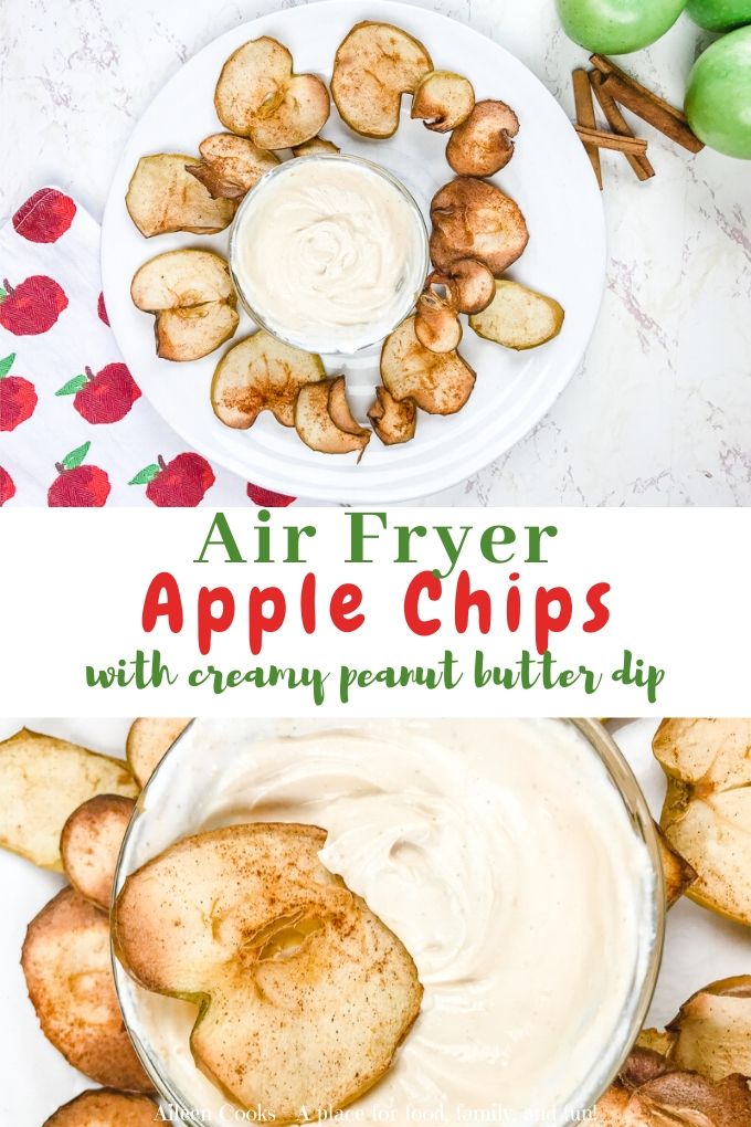 A collage photo of apple chips words "air fryer apple chips" in red writing.