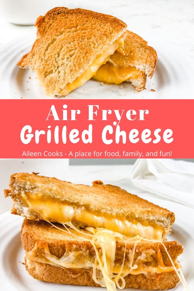 Collage photo of air fryer grilled cheese on a white plate.