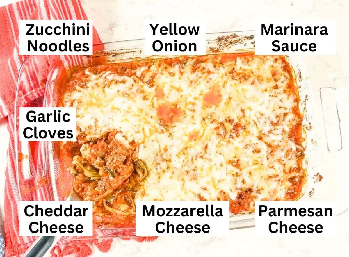 Ingredients list for baked zucchini pasta.