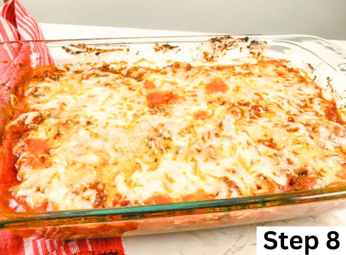 Baked zucchini pasta in a glass baking dish.