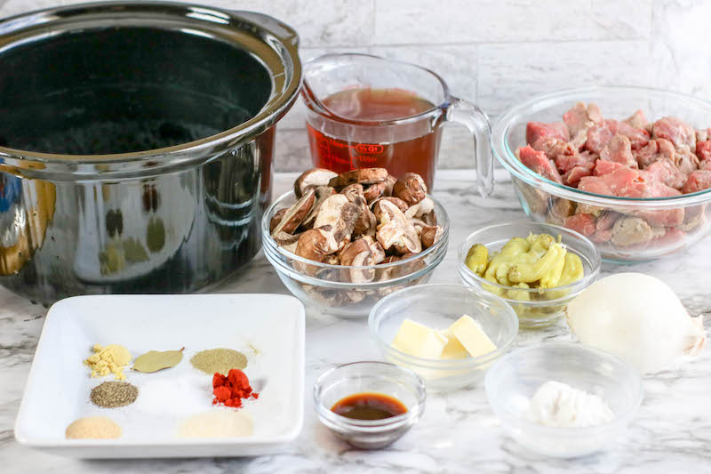 Ingredients set out to make crockpot beef tips.