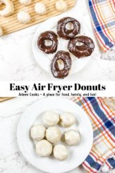 A collage photo of donuts and donut holes with words "easy air fryer donuts" in black writing.