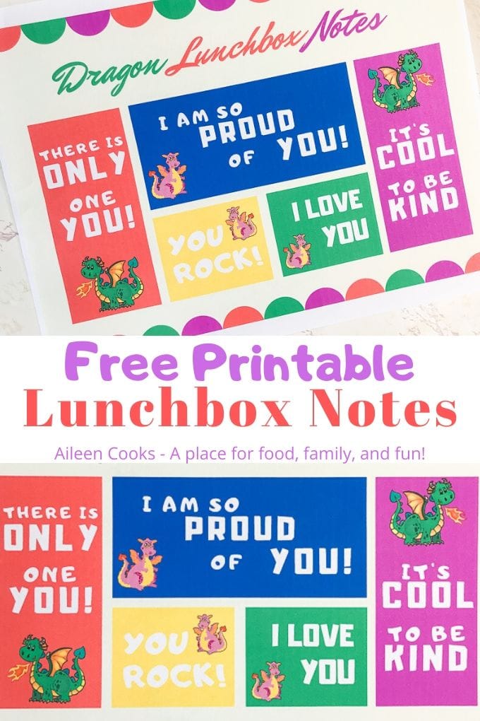 Collage photo of printable dragon notes with words "free printable lunchbox notes"