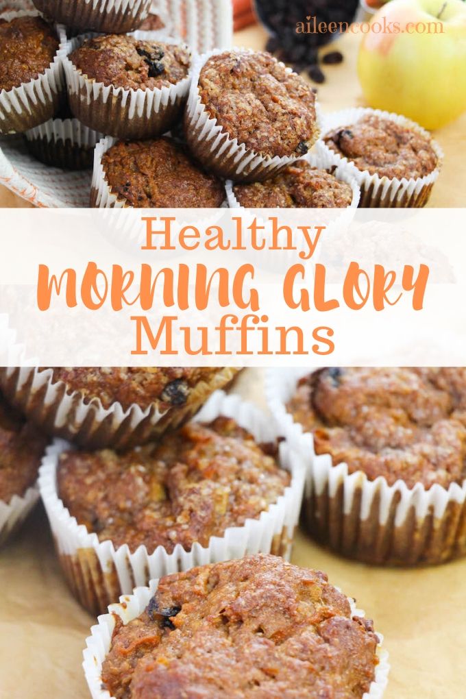 Collage photo of muffins with words "healthy morning glory muffins" in orange.