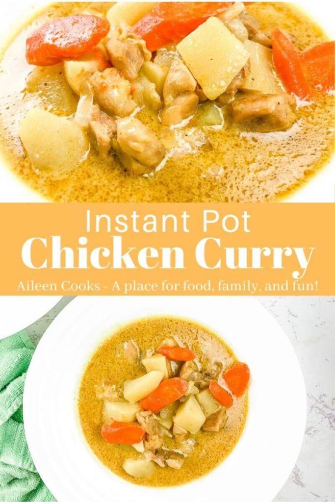 Collage photo of yellow curry with words "instant pot chicken curry".