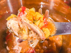 A scoop of chicken fajitas above instant pot.