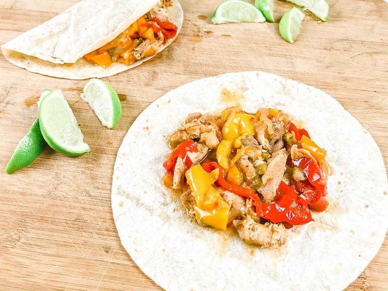 Side view of chicken fajitas.