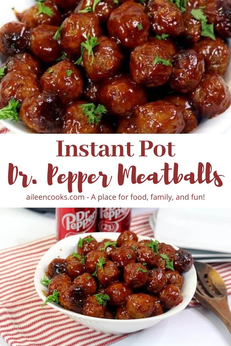 Collage photo of close-up of dr. pepper meatballs above picture of bowl of meatballs.