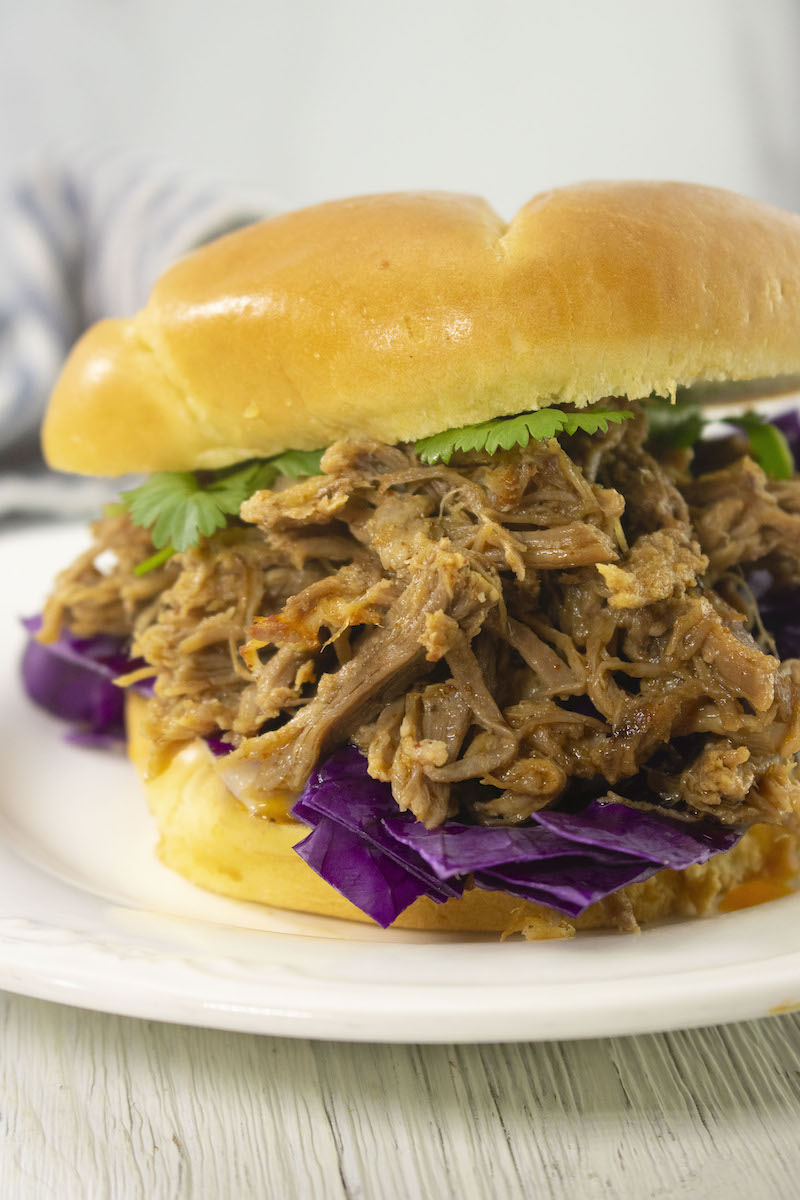 Close up of pulled pork in a bun on a white plate.