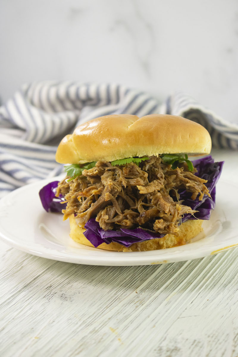 A pulled pork sandwich on a white plate with striped towel in background.