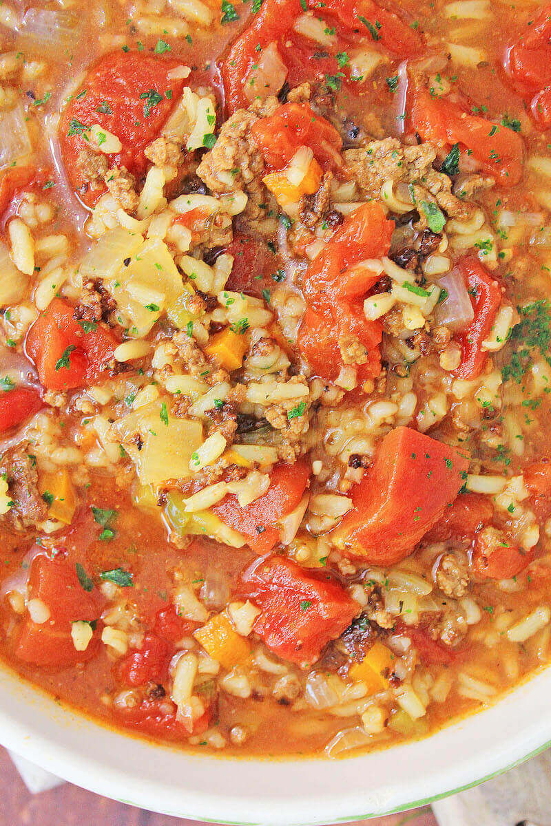 Close up of stuffed pepper soup.