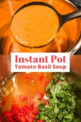 Collage of tomato soup ingredients in instant pot and ladle full of soup.