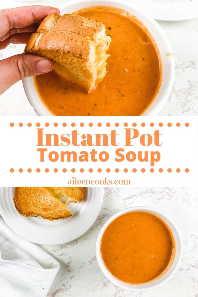 Collage photo of tomato soup with words "instant pot tomato soup".