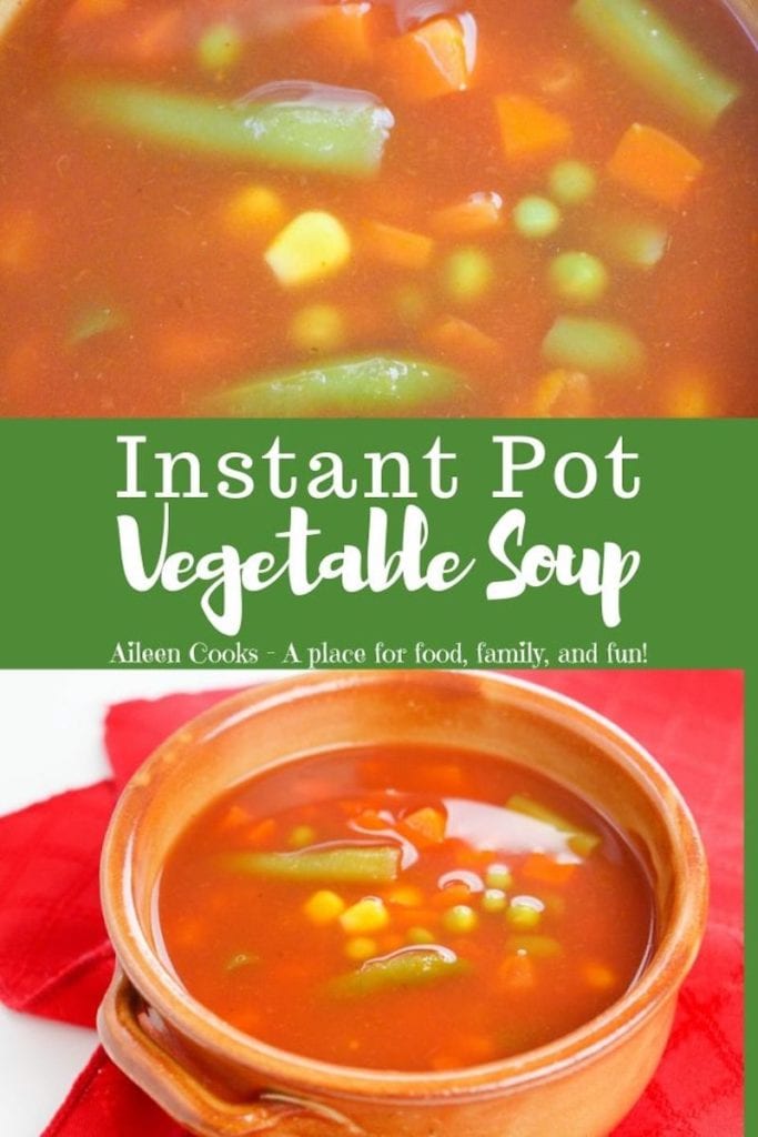 Close up image of soup over bowl of soup with words "instant pot vegetable soup"