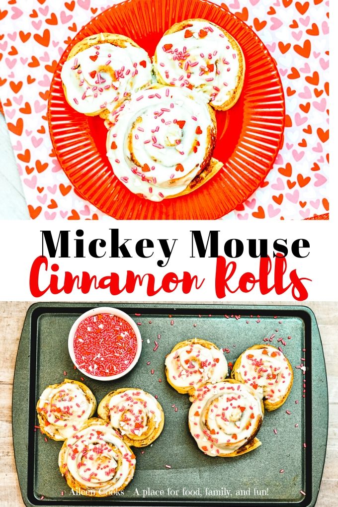 Collage photo of mickey cinnamon rolls.