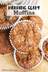 Stack of muffins with words "morning glory muffins".