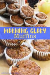 Collage photo of muffins with words "morning glory muffins" in blue and yellow.