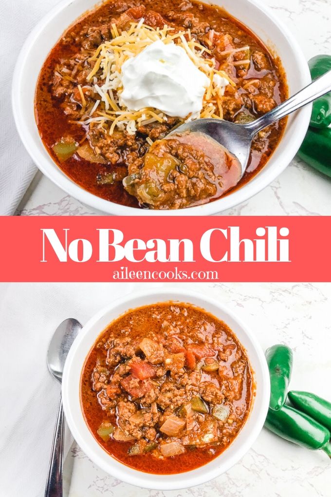 Collage photo of bowls of chili with words "no bean chili" in red.