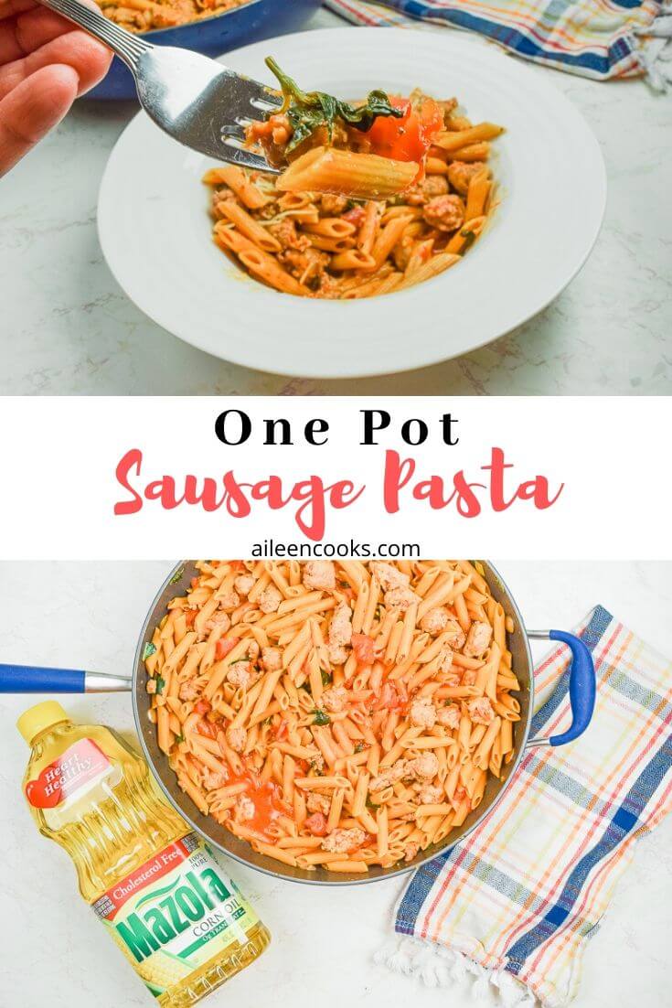 Collage photo of a bite of sausage pasta on a fork and a skillet full of the cooked pasta.