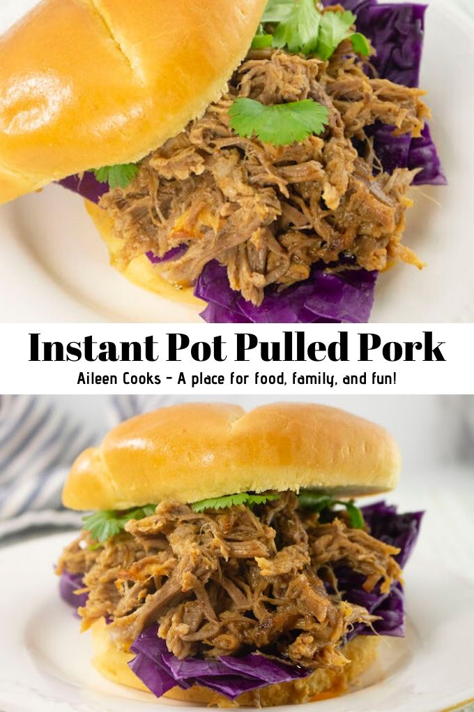 Collage photo of pulled pork sandwiches with words "instant pot pulled pork"