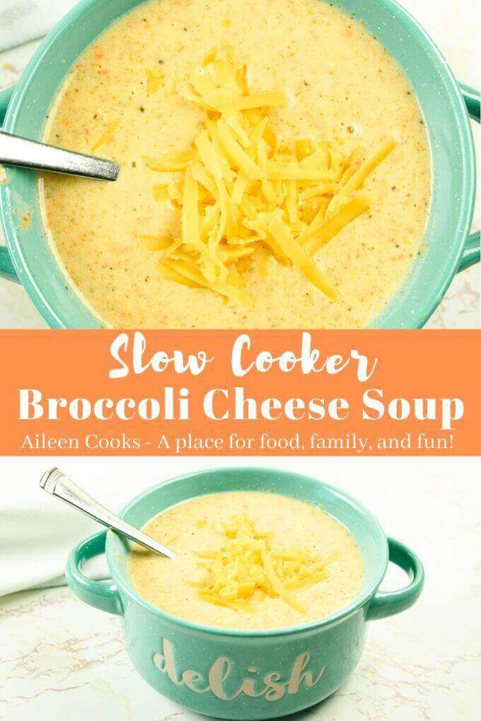Collage photo of broccoli cheese soup with words "slow cooker broccoli cheese soup".