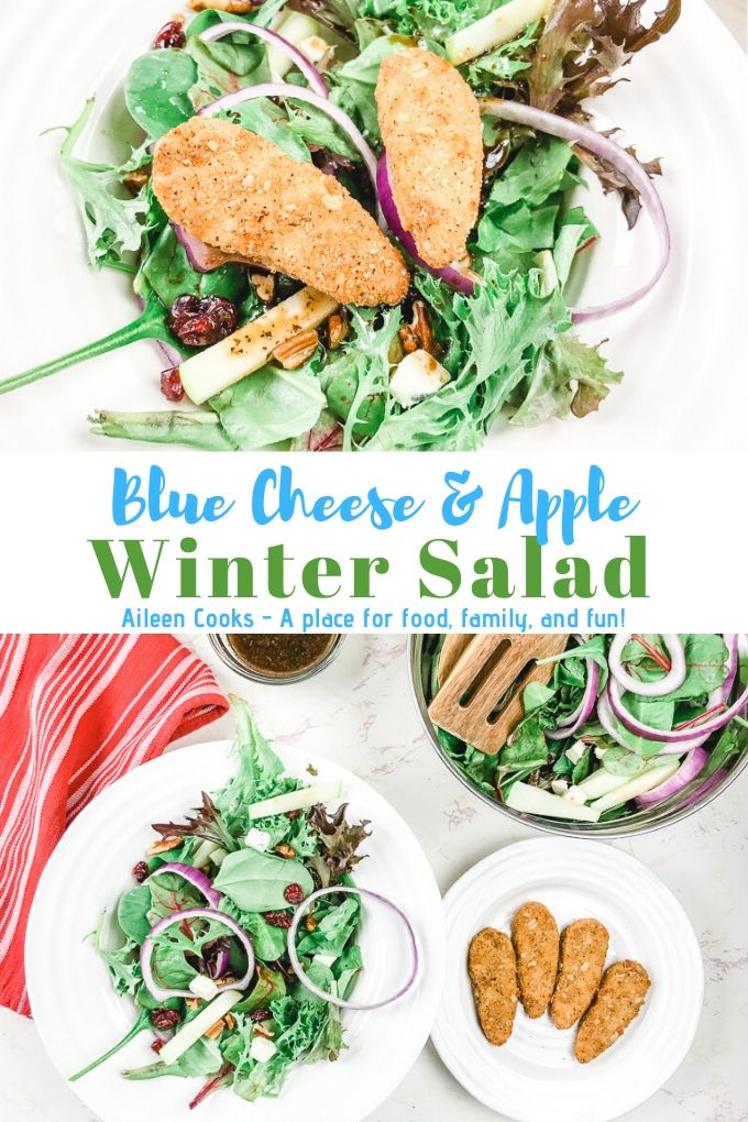 Collage photo of winter salad with words "blue cheese and apple winter salad"