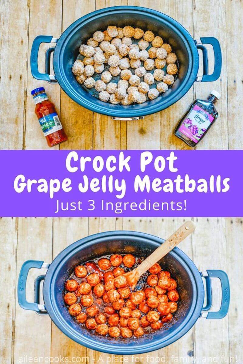Collage photo of frozen meatballs in crockpot and cooked grape jelly meatballs in slow cooker.