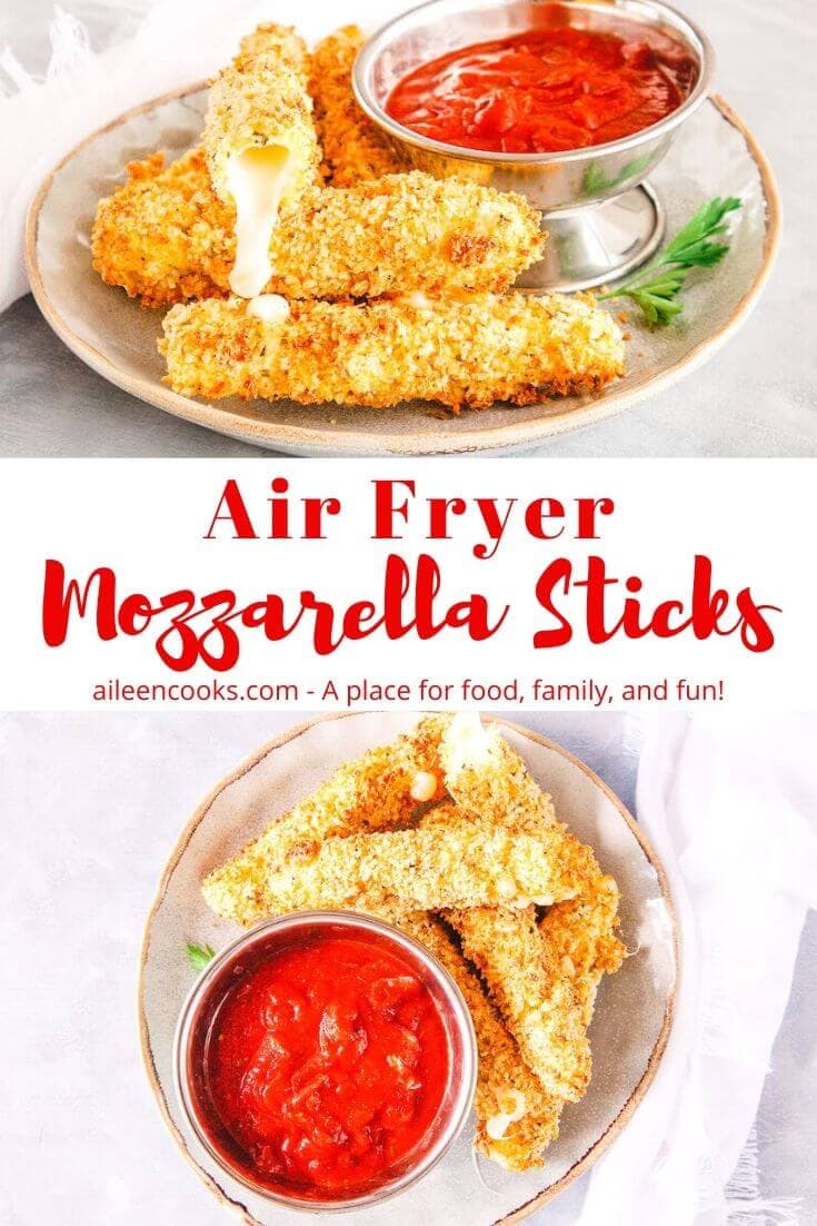 Collage photo of two pictures of mozzarella sticks on grey plates with words "air fryer mozzarella sticks".