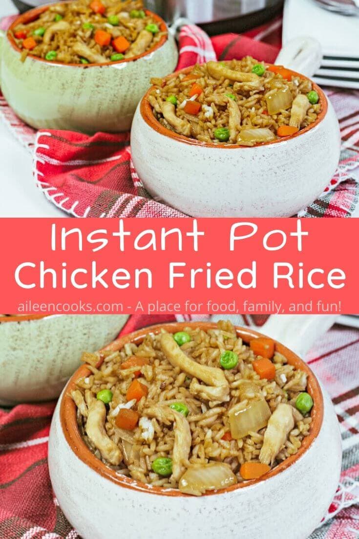 Two collage photos of fried rice in white speckled bowls and the words "instant pot chicken fried rice" in red letters.