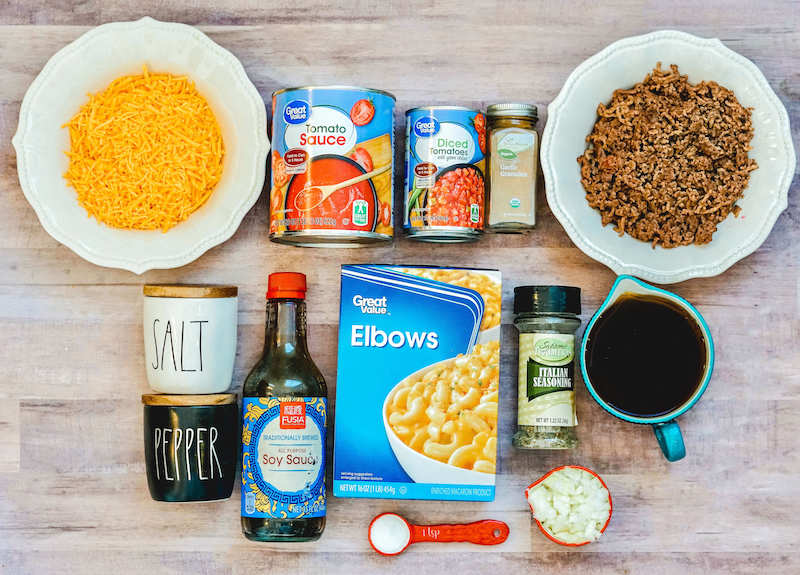 Ingredients for crockpot goulash all laid out on a countertop.