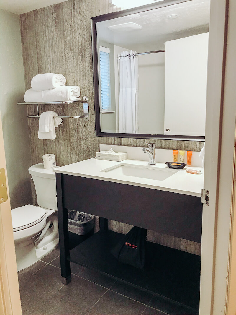 Modern bathroom vanity next to a toilet.