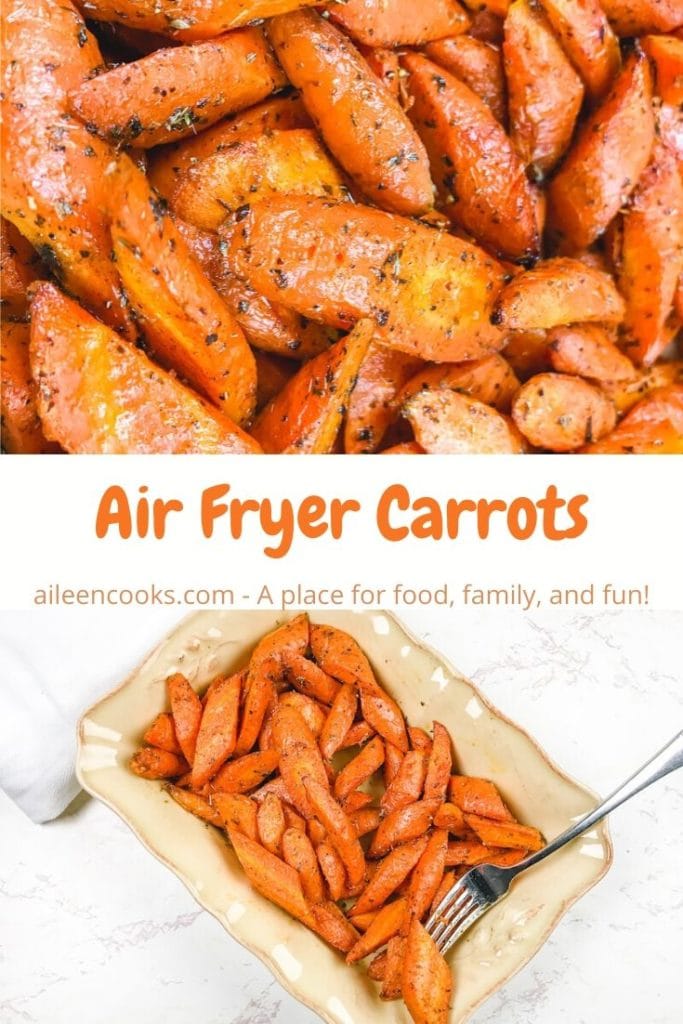Collage photo of close up of air fried carrots and dish of carrots.