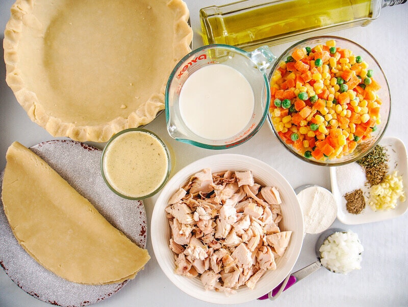 Ingredients laid out for making chicken pot pie.