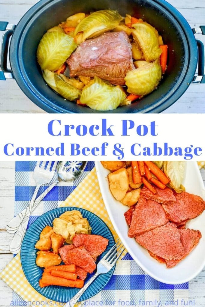 Collage photo of corned beef inside crockpot and the meal served on a blue plate.