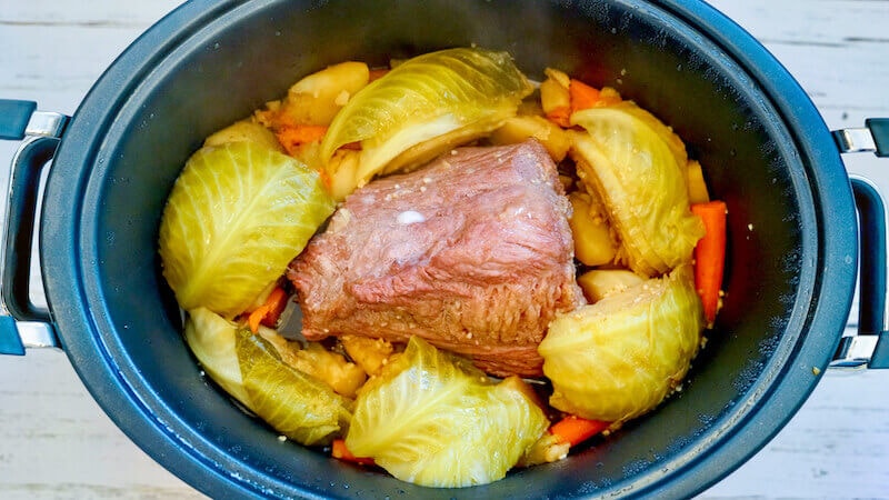 Cabbage inside crock pot.