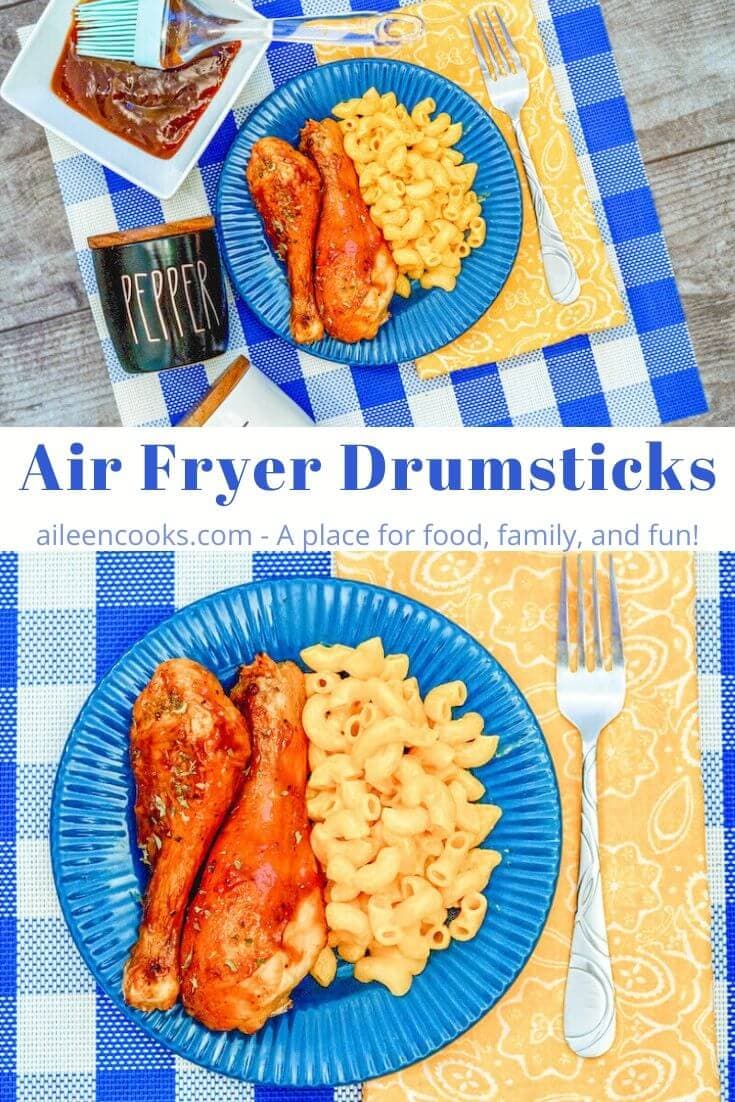 Collage photo of a plate of air fryer drumsticks and a close up of drumsticks.