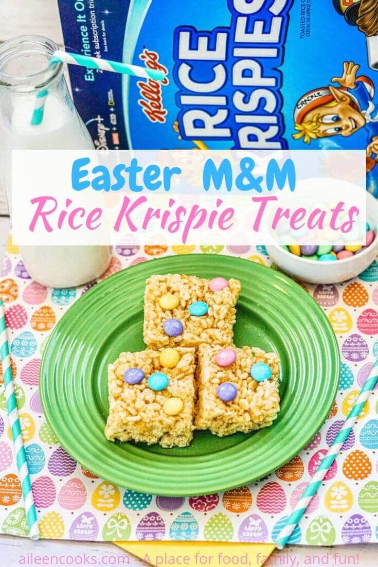 Rice Krispie treats with Purple, Blue, and Yellow M&M's on top and the words "Easter M&M Rice Krispie Treats" in pink letters.