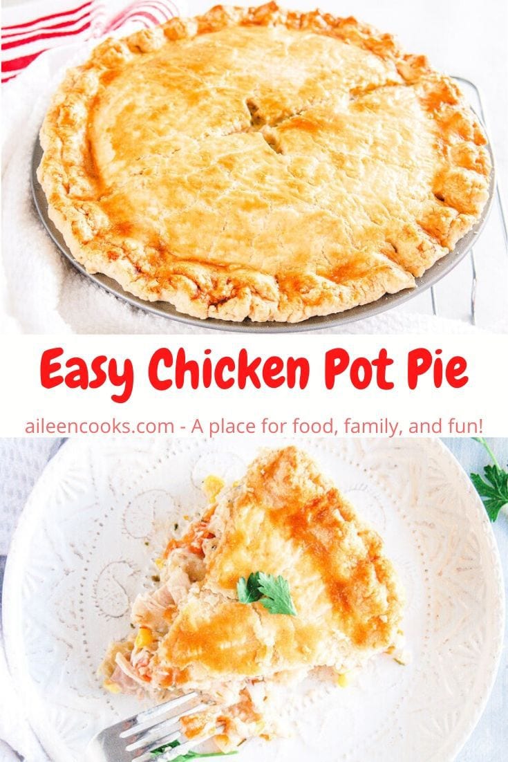 A collage photo of a whole pot pie above a slice of chicken pot pie.
