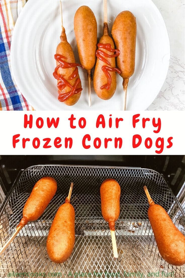 Collage photo of cooked corn dogs and frozen corn dogs in an air fryer.