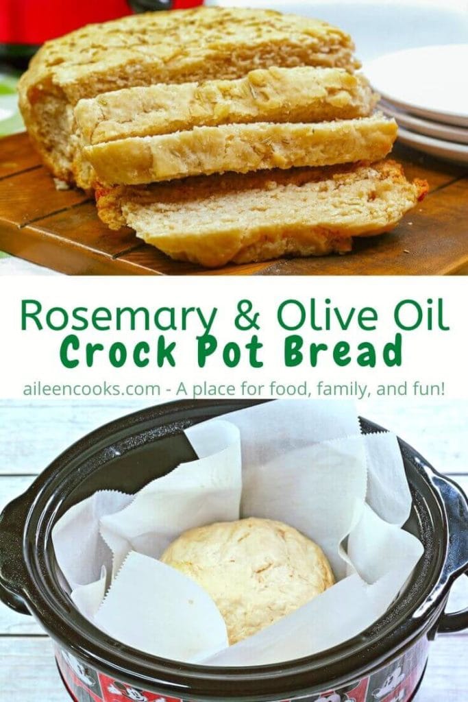 Collage photo of sliced up bread and a loaf of bread inside crock pot.