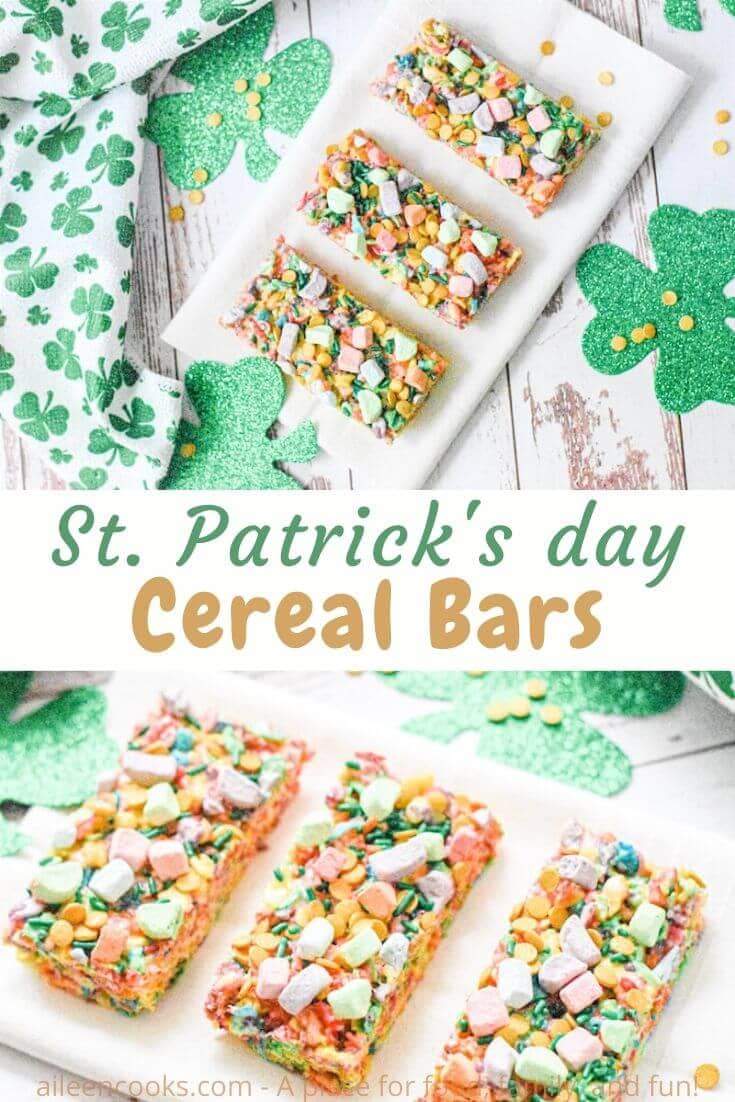 Collage photo of two pictures of cereal bars next to shamrock decorations.