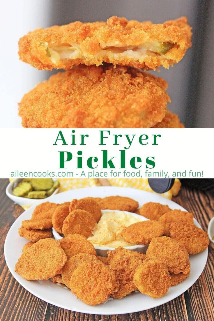Collage photo of air fryer pickles on a plate.