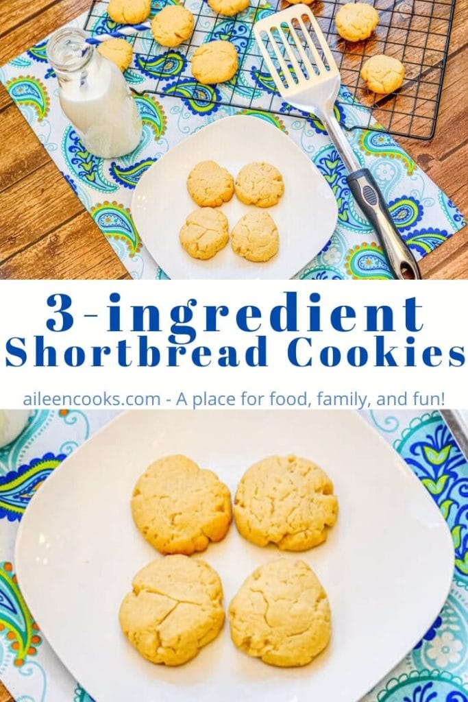 Collage photo of shortbread cookies with words "3 ingredient shortbread cookies" in blue letters.
