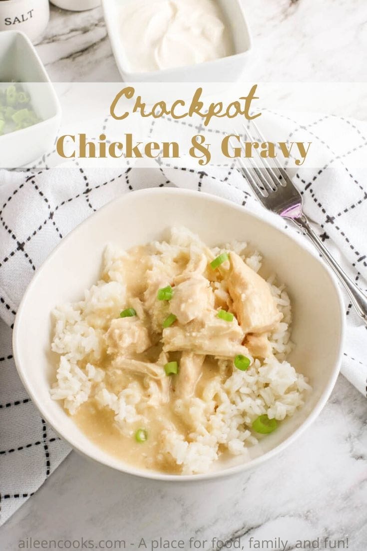 A bowl of chicken and gravy with the words "crockpot chicken & gravy" in brown lettering.