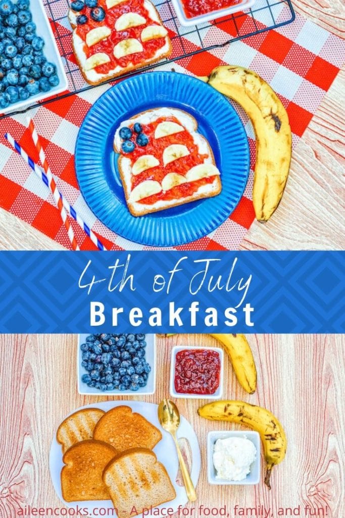 Collage photo of a blue plate with a piece of American Flag Toast above a picture of the ingredients to make Flag toast and the words "4th of July Breakfast" in white lettering on a blue background.