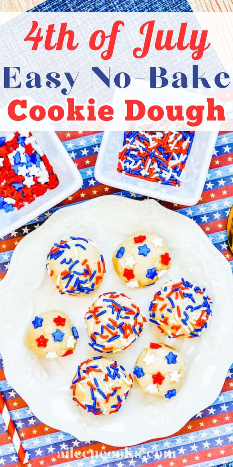White plate filled with six cookie dough balls coated in red, white, and blue sprinkles.